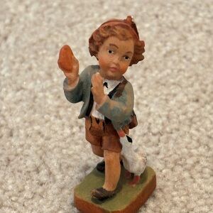 Anri Hand Carved Vintage Hand-Painted Wood Boy Figurine With Goose Italy 4”